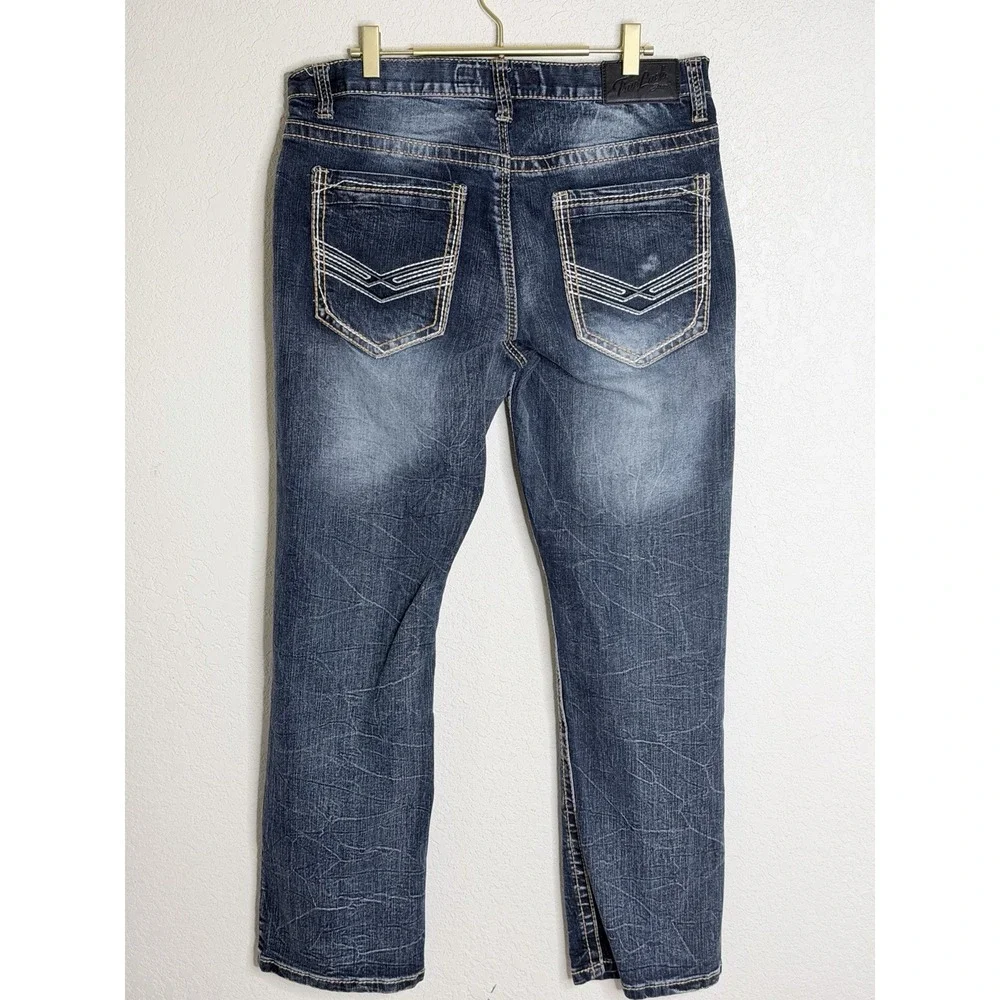 True Luck Denim Jeans Mens 34x32 Blue Straight Dark Wash Stretch Embroidered